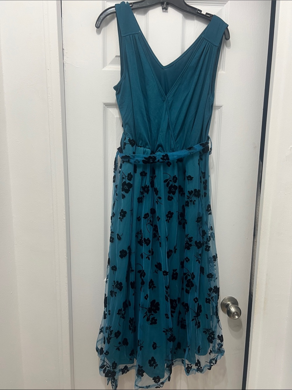 BloomChic Teal Maxi Dress with Black Floral Print
